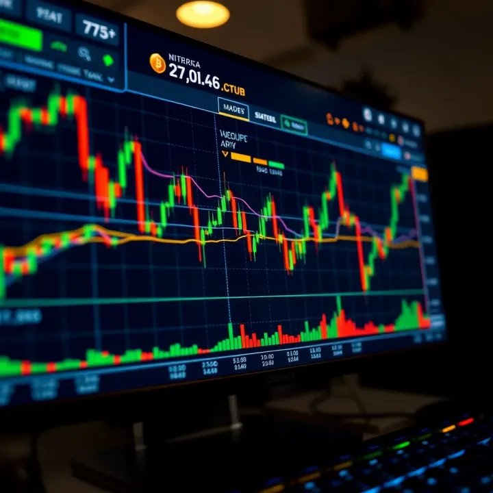 Digital interface displaying cryptocurrency trading charts and graphs