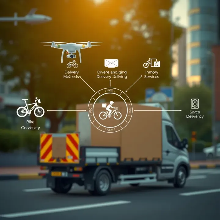 Diagram showing various types of delivery services including drone, bike courier, and truck with technology icons