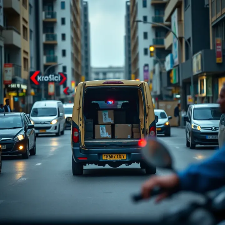 Delivery van navigating urban streets with packages ready for doorstep delivery in a busy city environment