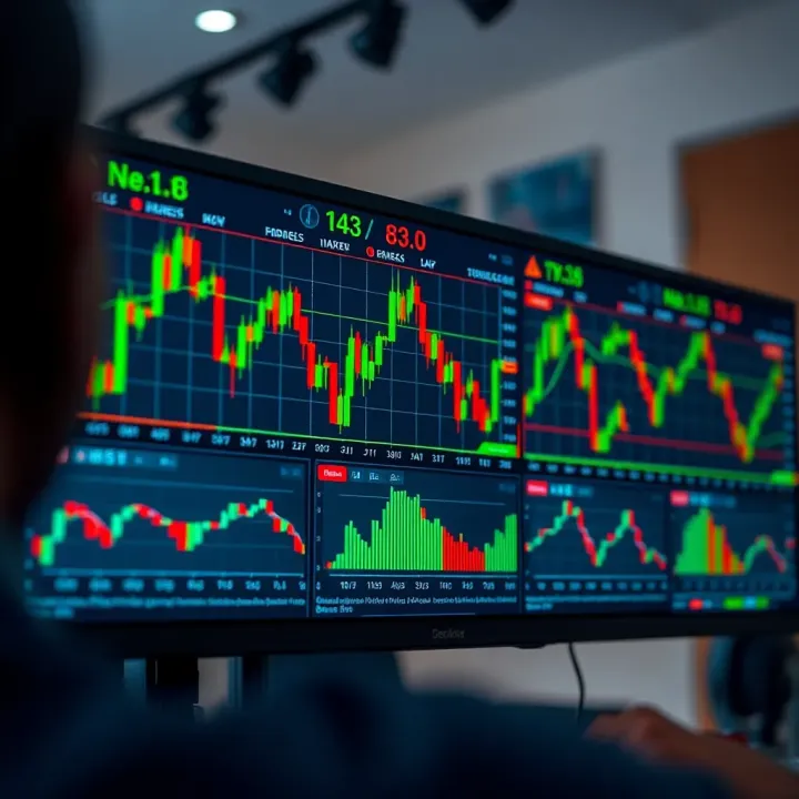Graphical interface showing a trading platform with various market charts and indicators