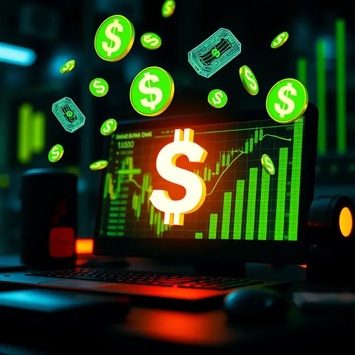 Conceptual illustration showing digital currency symbols floating around a glowing computer screen symbolizing automated money-making software