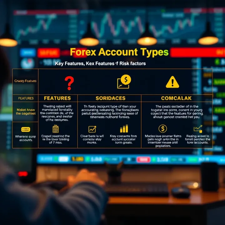 Overview of Forex Account Types with Key Features and Risk Factors Illustration of different types of forex accounts with icons representing features and risks