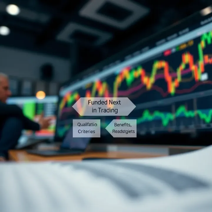Diagram illustrating the concept of funded next in trading with arrows showing qualification criteria and benefits