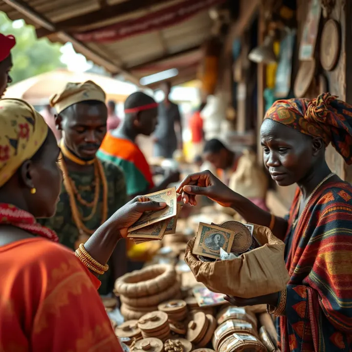 Community members exchanging sarafu currency in a vibrant market setting