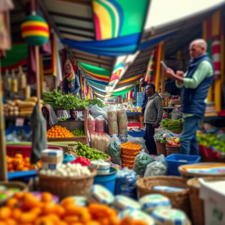 A bustling open market in Kenya showing vibrant stalls with an array of agricultural products and local goods
