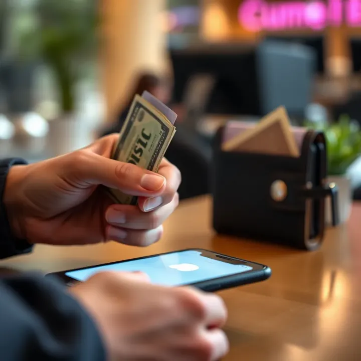 Illustration showing a digital wallet with money transferring instantly to a mobile device
