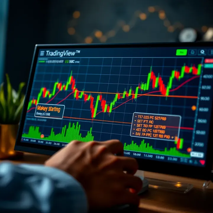 Annotated TradingView chart highlighting drawing tools and popular strategies for market analysis