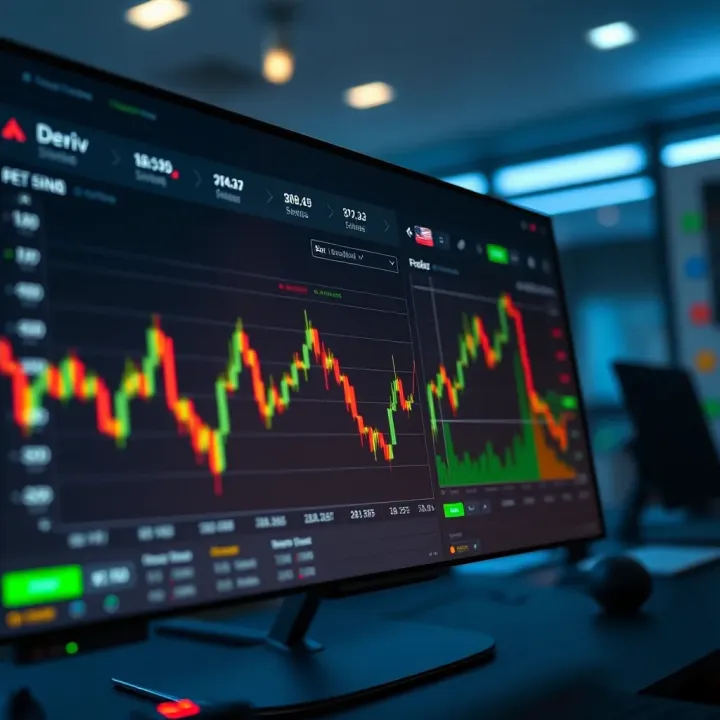 Trading interface showing automated bot settings and live market charts on Deriv platform
