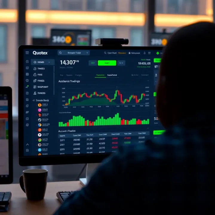 Interface of Quotex trading dashboard displaying charts and account navigation options