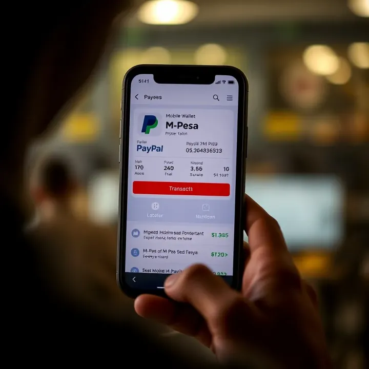 Phone screen showing M-Pesa mobile wallet interface with transaction details