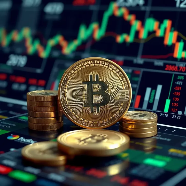 Abstract representation of digital currency surrounded by financial charts and data